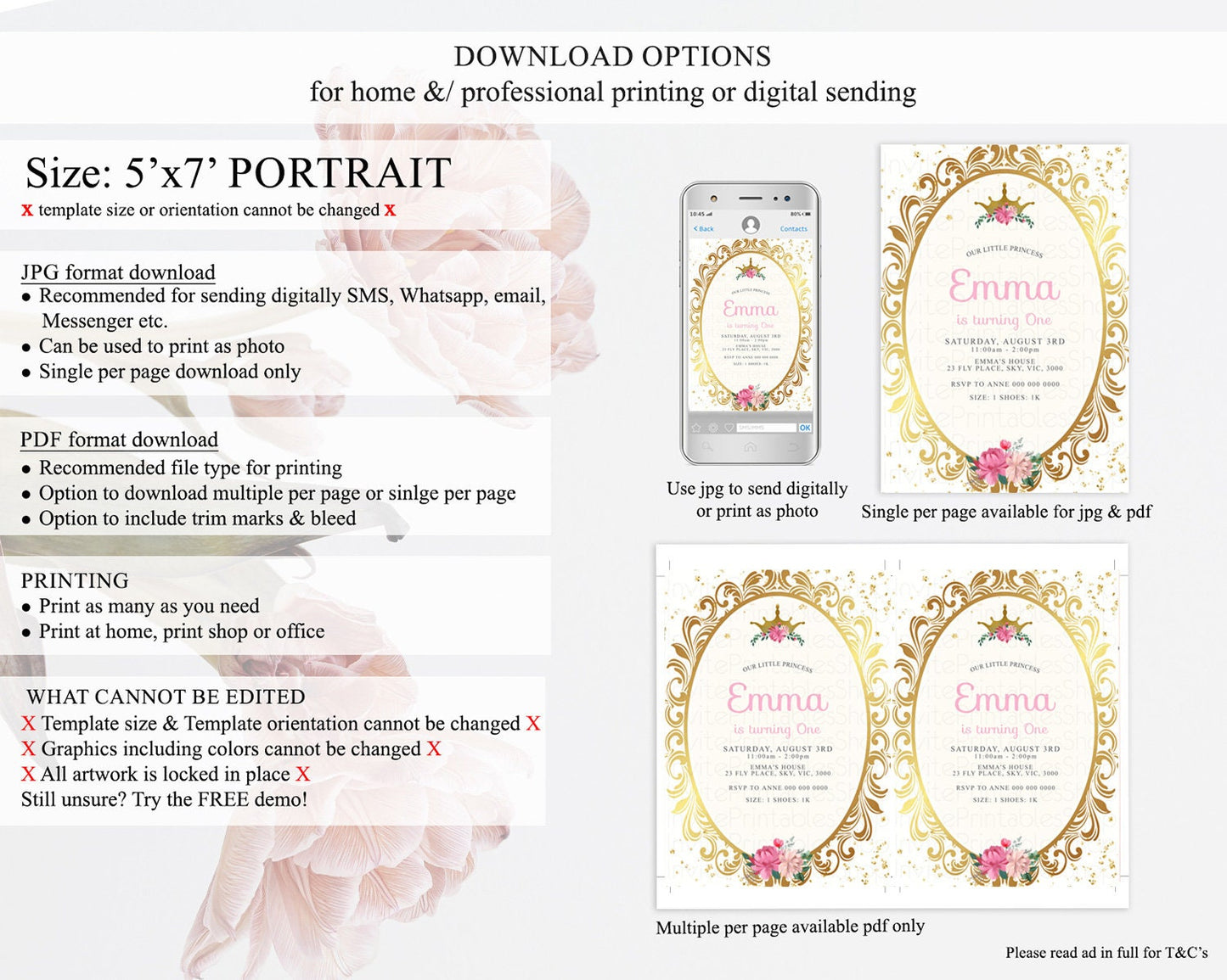 Princess Birthday Invitation Castle Invitation Royal Birthday Fairy Tale Enchanted Mirror Pastel Floral Garden 1st First Birthday D10140