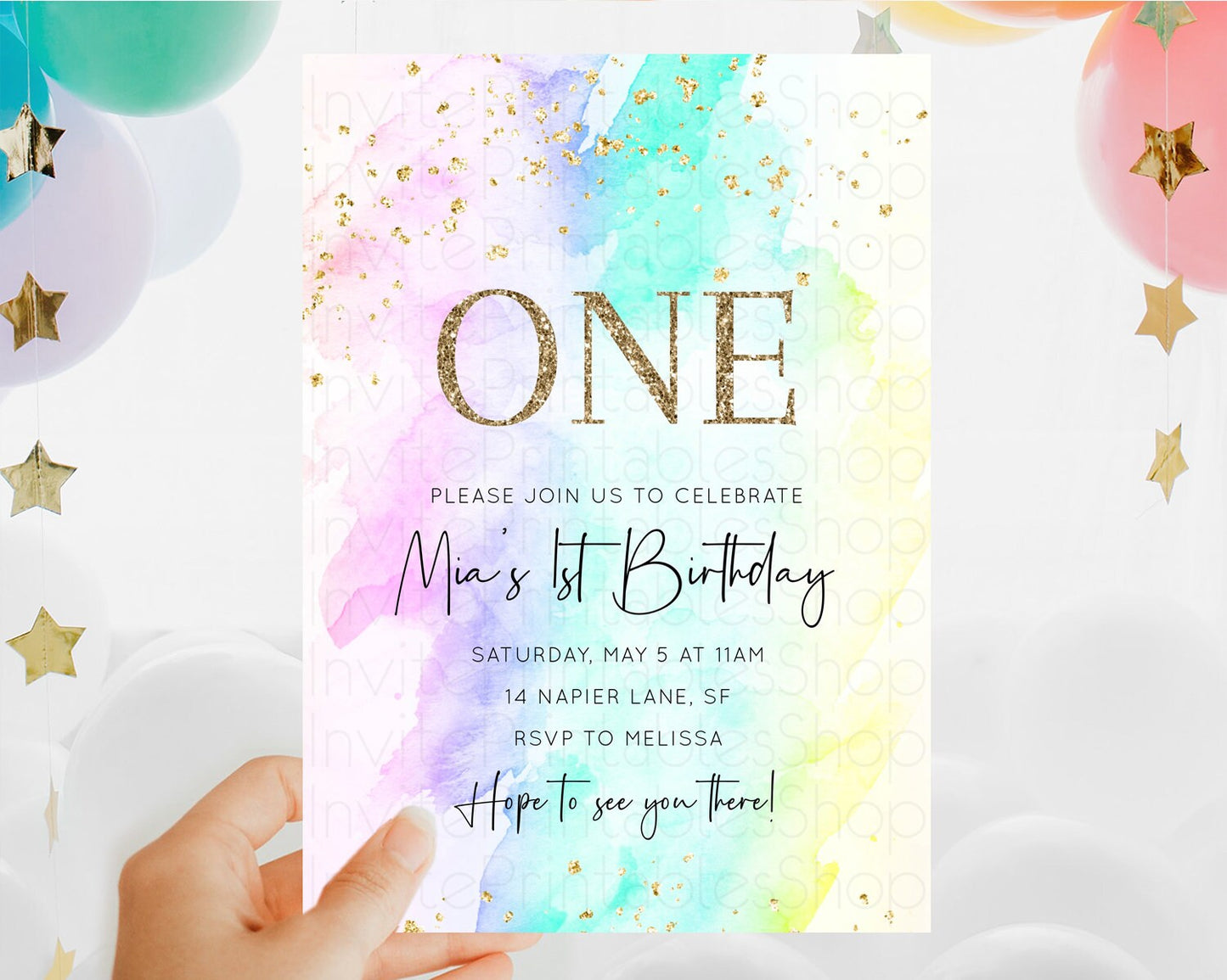 Editable Rainbow Birthday Invitation Colorful Pastel Watercolor Invitation G