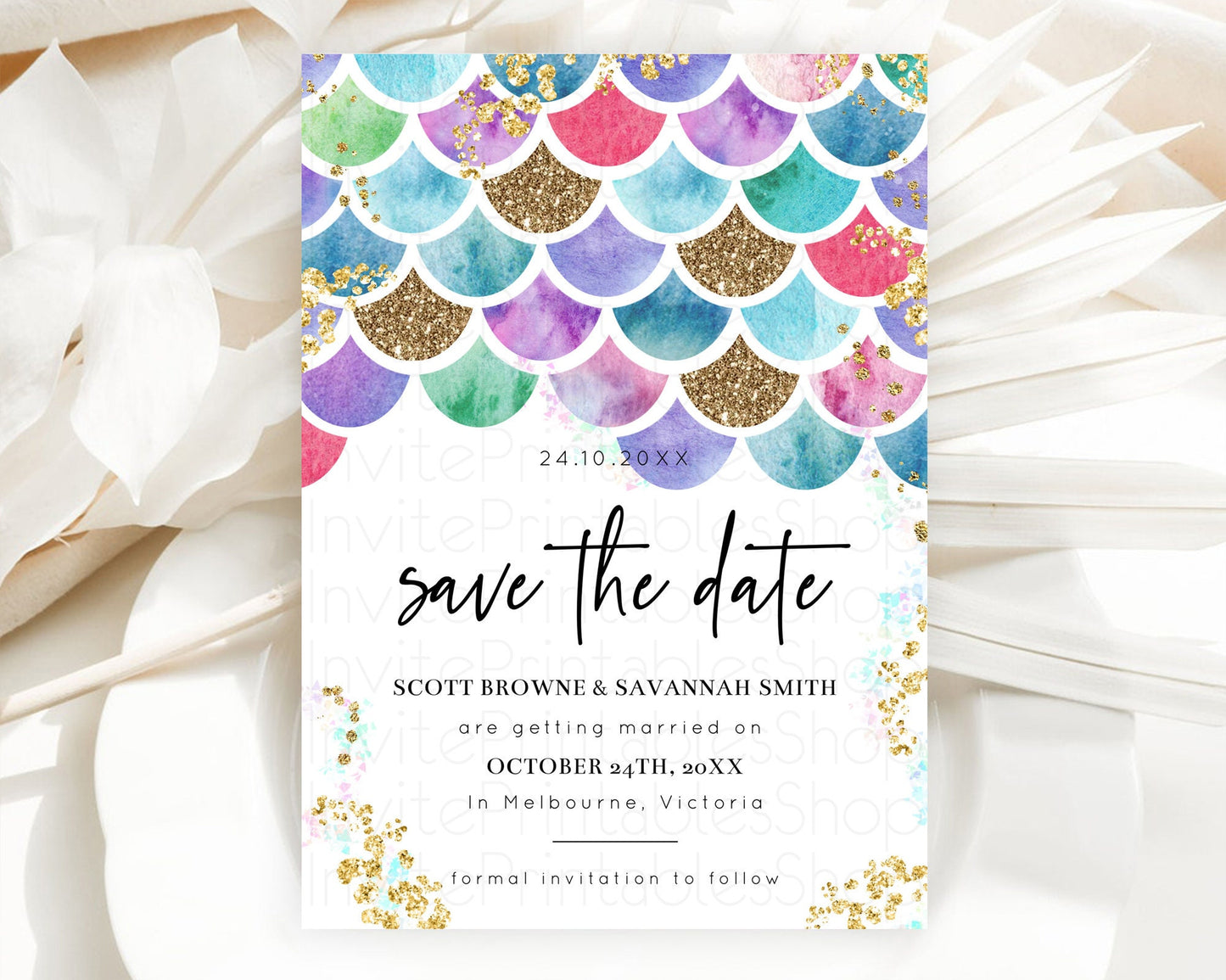 Rainbow Fish Save The Date Template Watercolor Mermaid Rainbow Fish Under Sea Pastel Pool Party For 1st Birthday Baptism Baby Shower D10581