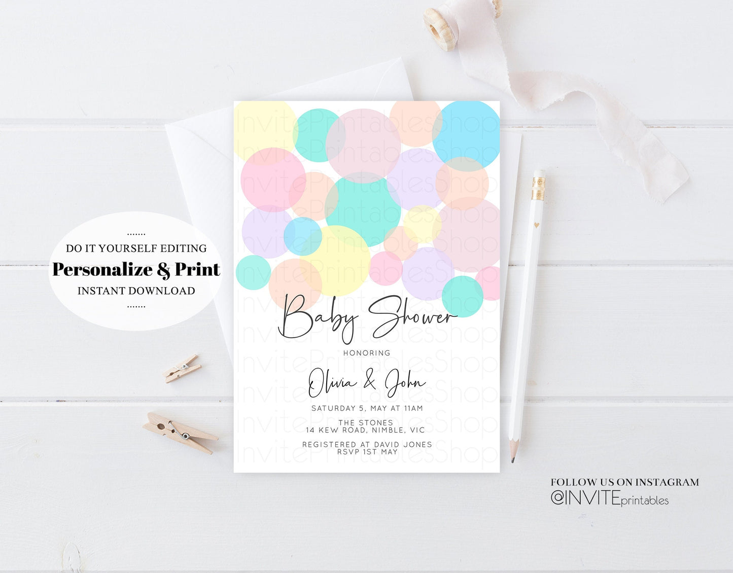 Pastel Baby Shower Invitation Colorful Rainbow Bubbles Confetti Sprinkles Blue Pink Yellow Green Boy Girl Gender Reveal Neutral Boy Girl