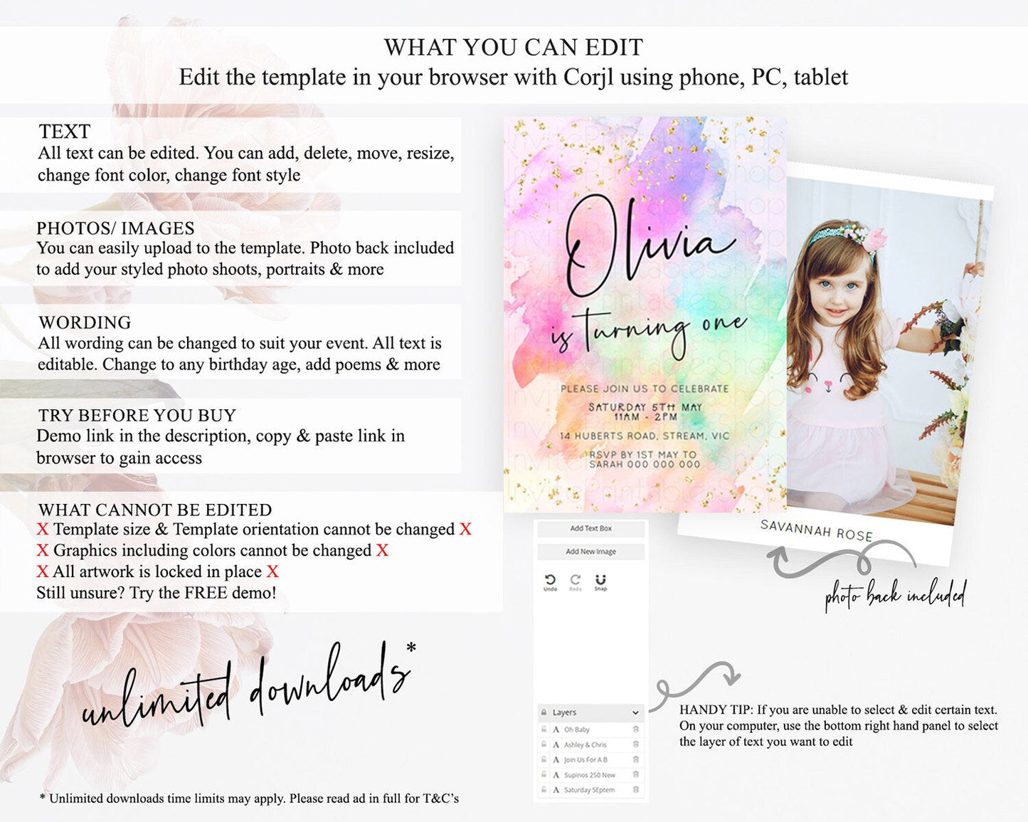 Pastel Birthday Invitation Ombre Watercolor Birthday Invitation Glitter Rainbow Color Splash 1st 2nd 3rd Birthday Invitation D23059