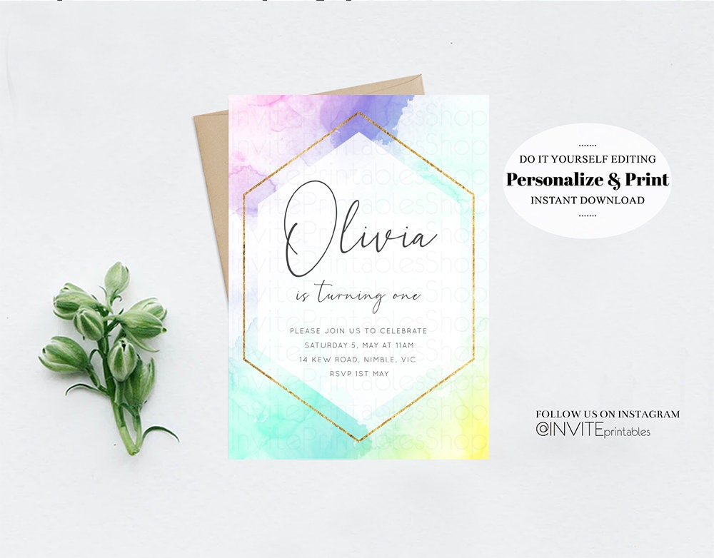 Pastel Rainbow Birthday Invitation Colorful Watercolor Splash Ombre Ink Paint Gold Foil Purple Pink Blue Custom Printable