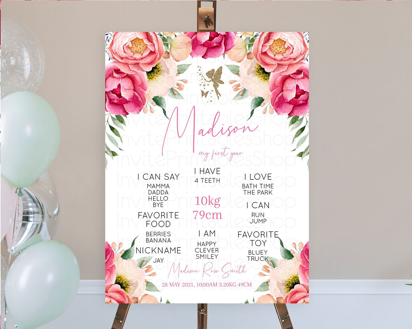 Fairy First Birthday Milestone Poster Fairy Secret Garden Milestone Board Enchanted Garden Pastel Floral Butterfly 1st Birthday Sign D10883