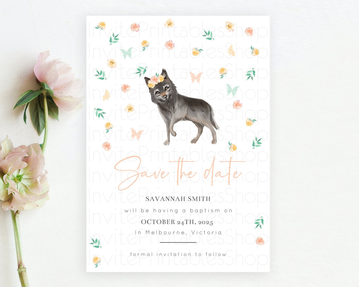 Wolf Save The Date Template Pastel Floral Wolf Party Forest Adventure Wilderness Theme 1st Birthday Baptism Christening Baby Shower D10362