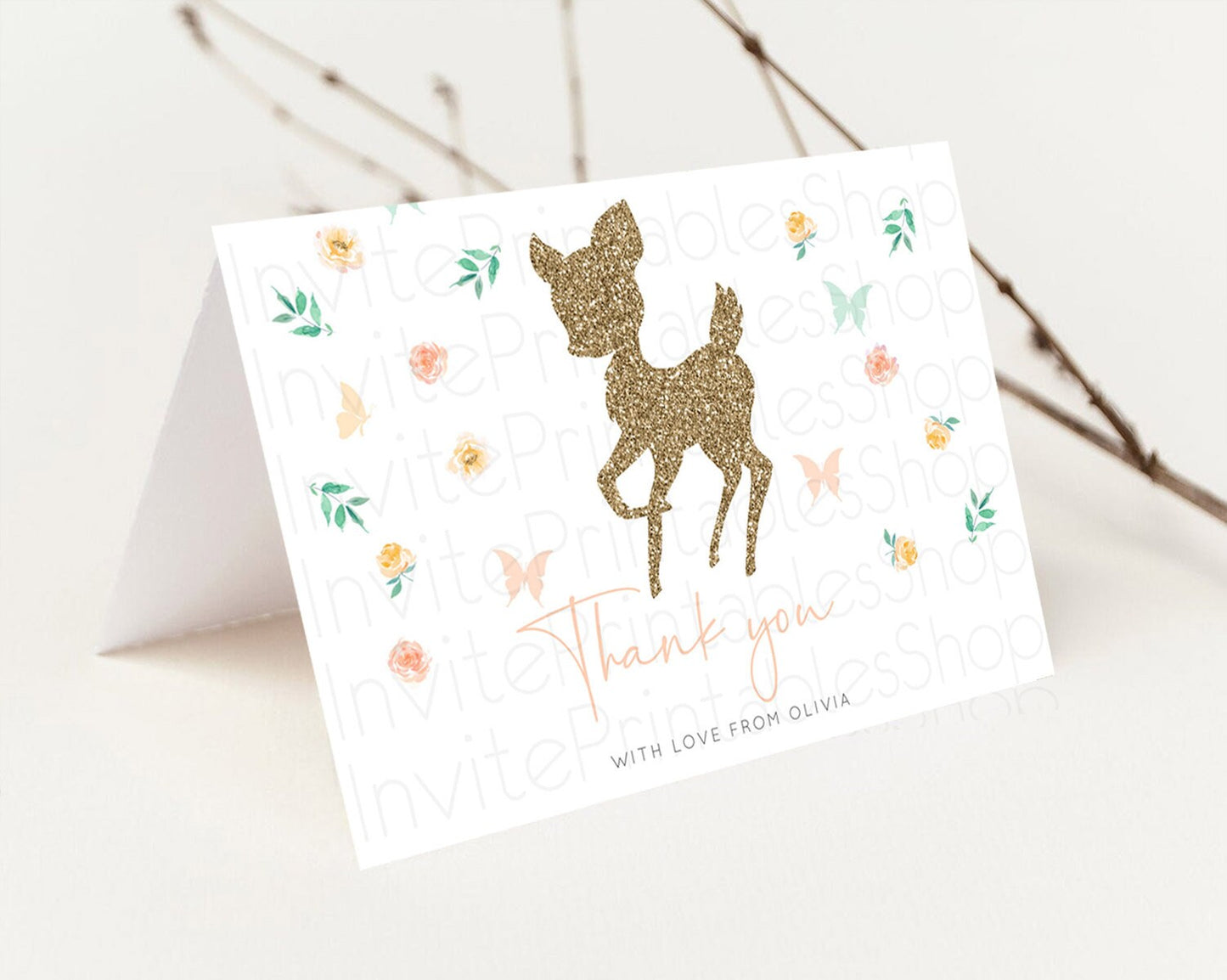 Fawn Thank You Deer Thank You Card Pastel Floral Deer Birthday Thank You Card Enchanted Forest Butterfly Deer Teacher Thank You Card D10355