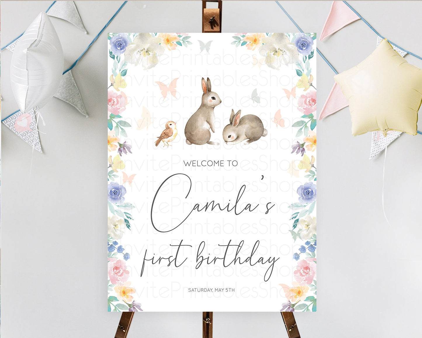 Bunny Welcome Sign Floral Bunny Welcome Board Pastel Flowers Woodland Bunny Welcome Poster Forest Bunny First Birthday Welcome Sign D10928