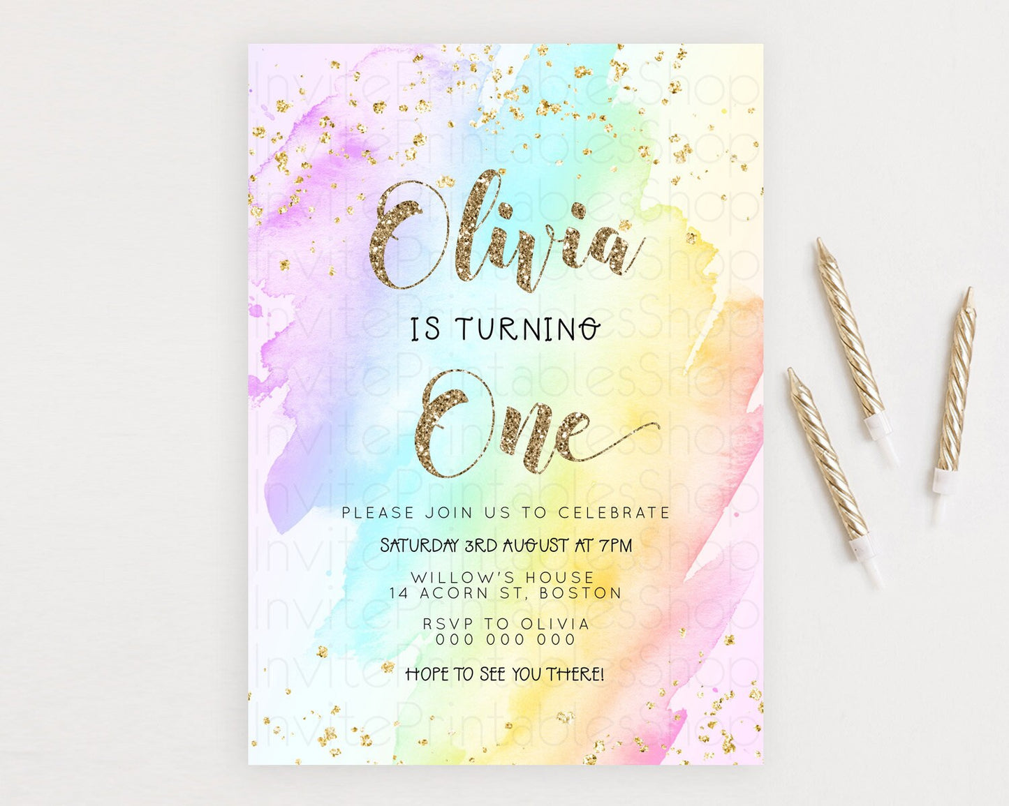 Rainbow Birthday Invitation Colorful Pastel Watercolor Invitation Gold Glitter Sprinkles Ombre Pastel 1st 2nd 3rd Birthday D23286