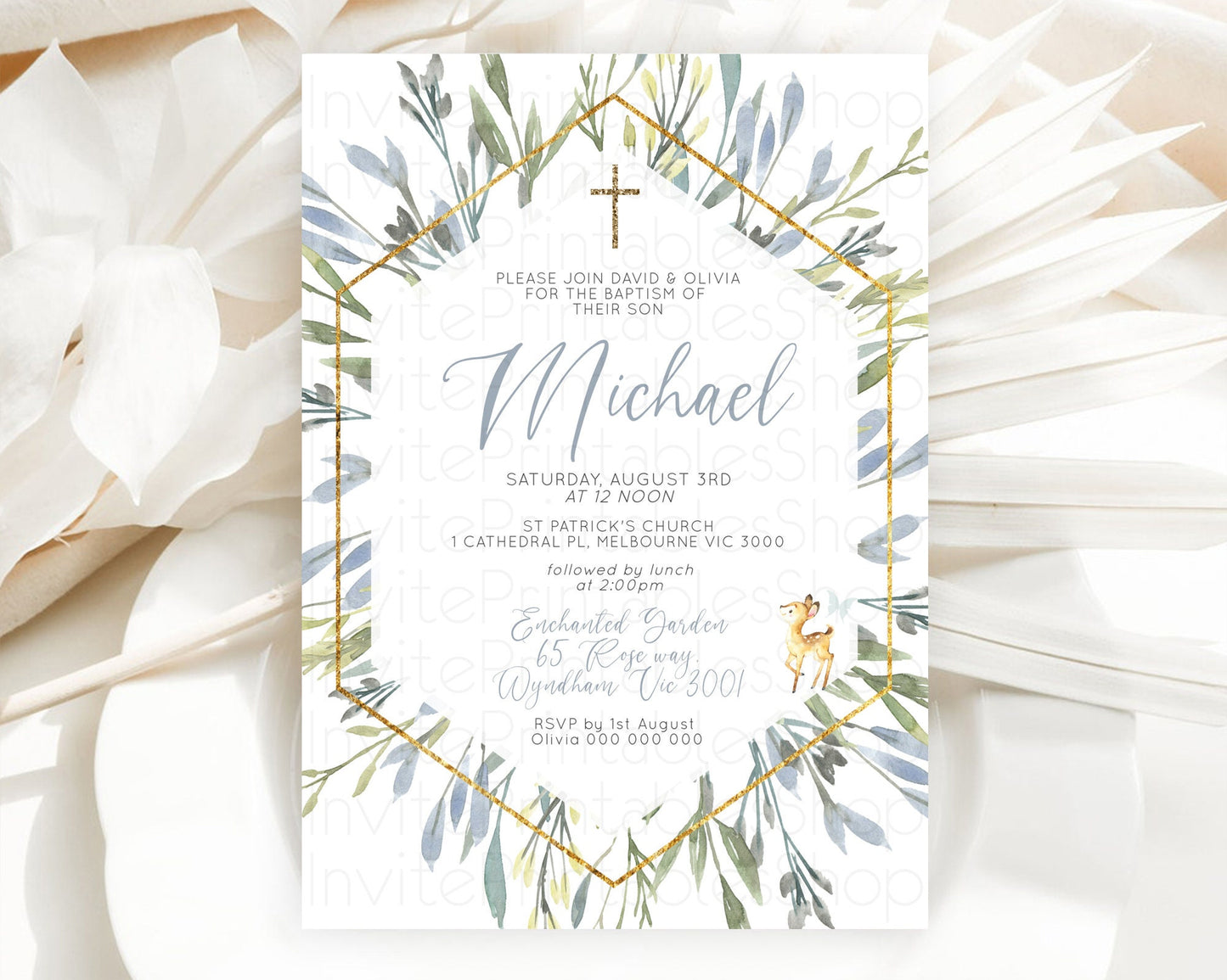 Fawn Baptism Invitation Deer Baptism 1st Birthday Invitation Enchanted Forest Christening Invitation Pastel Garden Butterfly Floral D10400