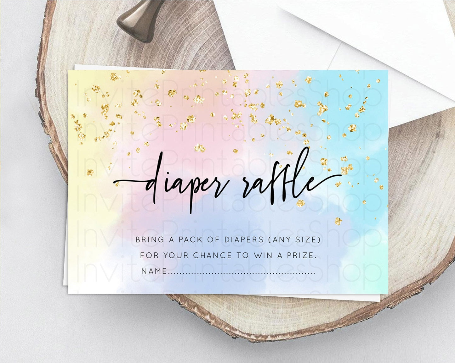 Pastel Diaper Raffle Card Pastel Rainbow Diaper Raffle Insert Colorful Ombre Watercolor Diaper Ticket Confetti Glitter Raffle Game D10368