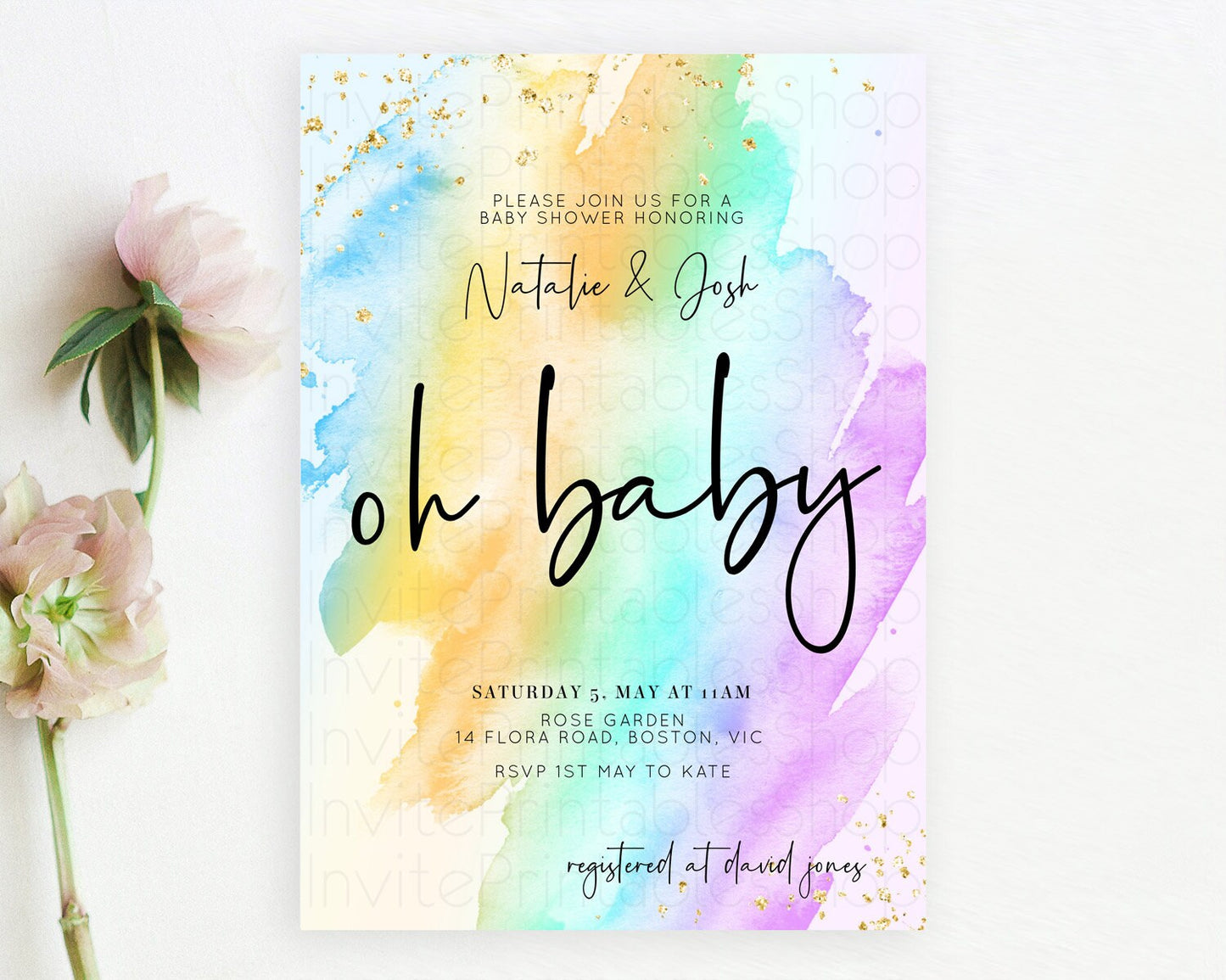 Pastel Baby Shower Invitation Rainbow Baby Shower Invitation Colorful Pastel Watercolor Invitation Gold Glitter Sprinkles Ombre D10427