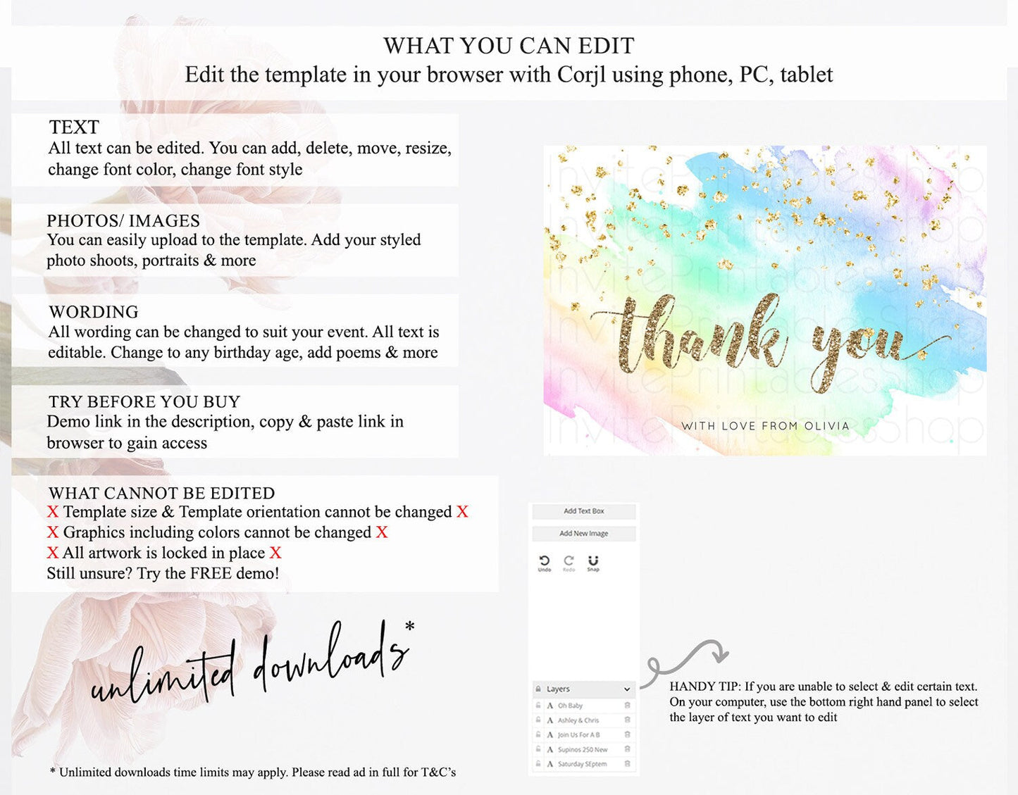 Pastel Thank You Rainbow Thank You Card Colorful Pastel Birthday Thank You Card Confetti Watercolor Pastel Teacher Thank You Cards D10637