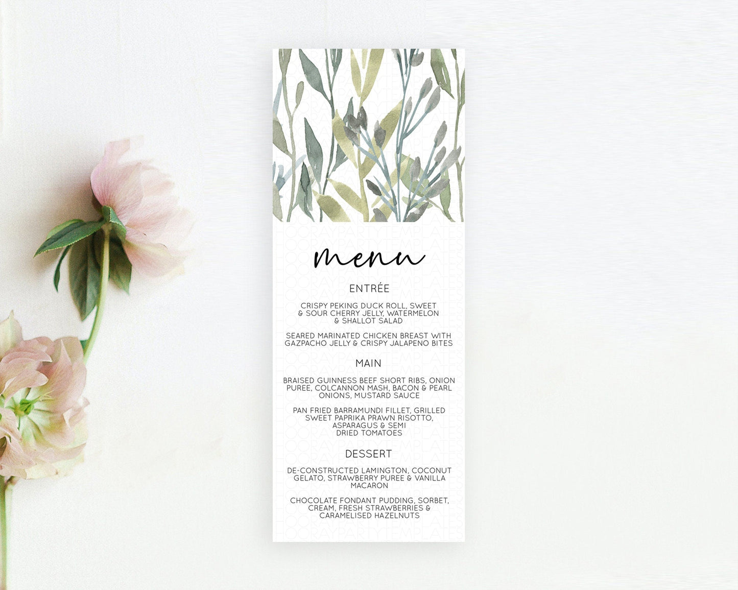 Leafy Menu Green Leaf Menu Template Eucalyptus Fern Leaves Decor Watercolor Boho Garden Leaf Branch Dinner Dessert Party Food Menu D11060