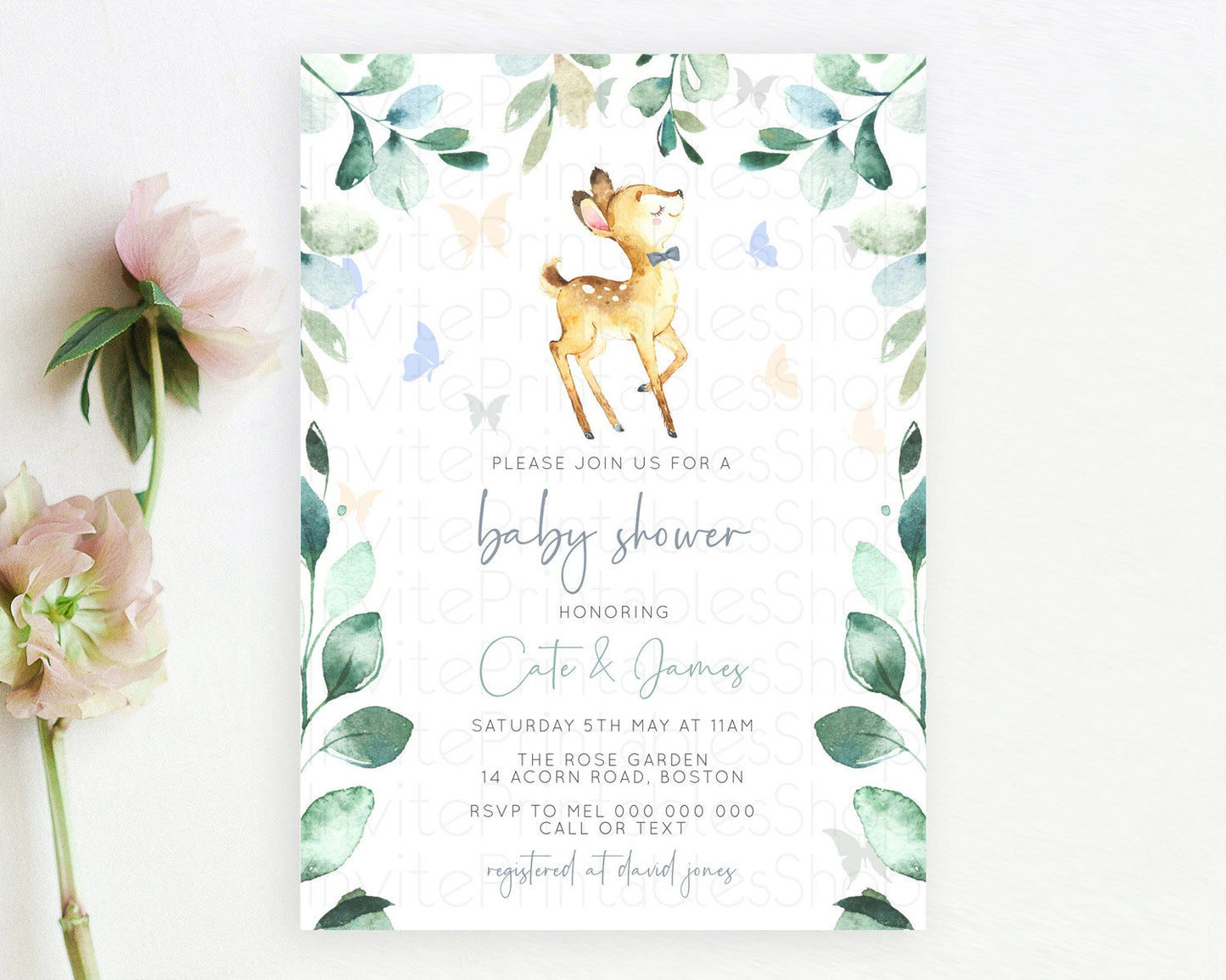 Fawn Baby Shower Invitation Deer Baby Shower Invites Enchanted Forest Theme Butterfly Pastel Flowers Whimsical Baby Shower D10767