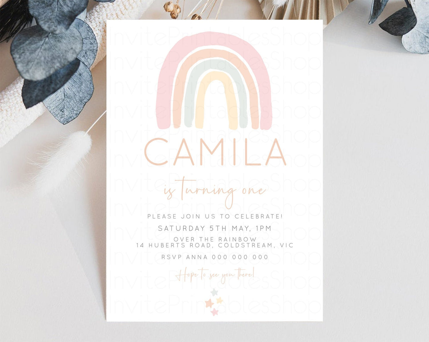 Boho Rainbow Birthday Invitation Colorful Pastel Invitation Heart Rainbow Invite Watercolor Orange Green Blue Pink 1st 2nd 3rd Birthday 14