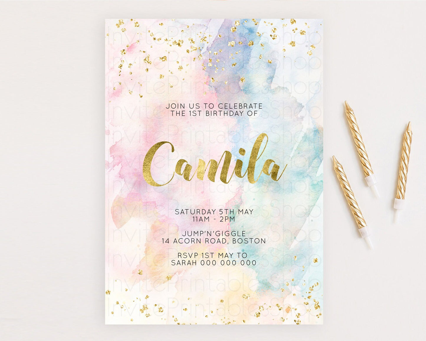 Rainbow Birthday Invitation Colorful Pastel Watercolor Invitation Gold Glitter Sprinkles Ombre Pastel 1st 2nd 3rd Birthday D10265