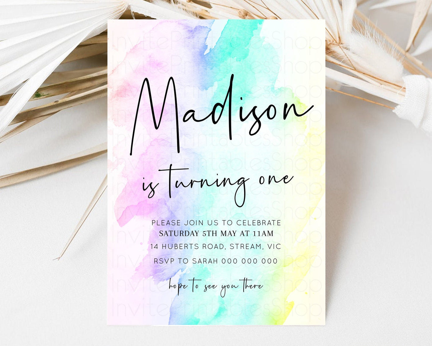 Rainbow Watercolor Birthday Invitation Pastel Rainbow Birthday Invite Ombre Colorful Invite Glitter Art Party Invitation 1st 2nd 3rd F210