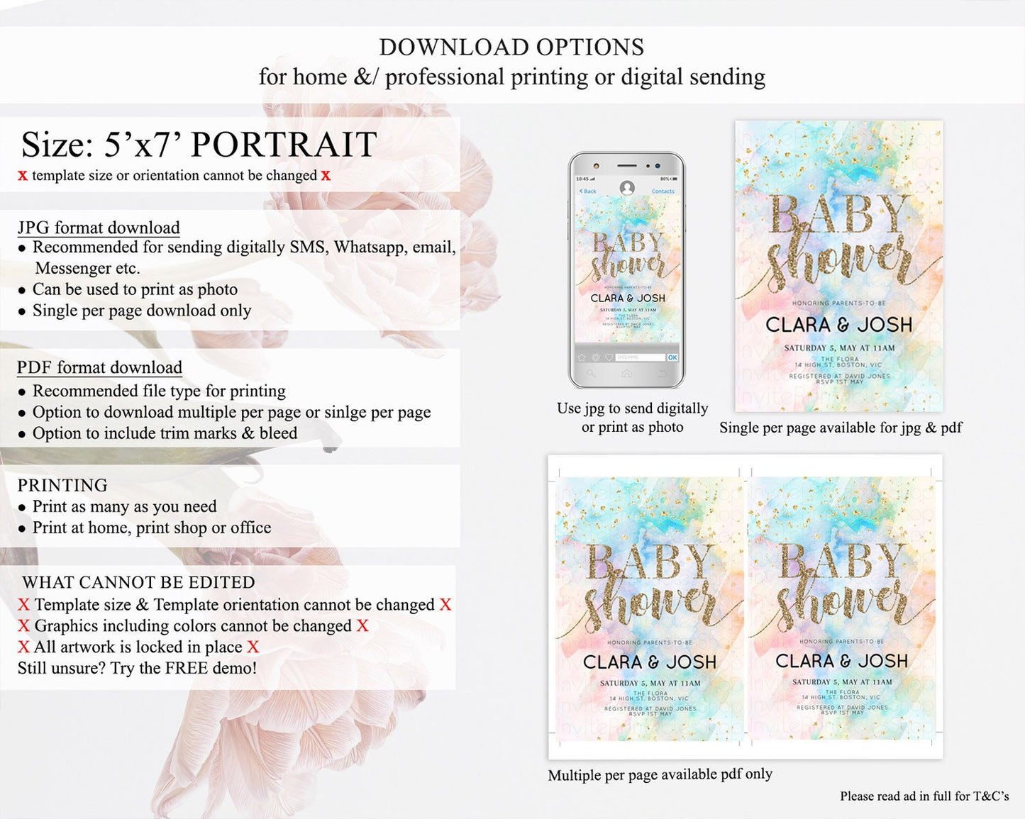 Pastel Rainbow Baby Shower Invitation, Pastel Watercolor, Colorful Ombre Splash with Gold Glitter - Teal Blue, Orange, Yellow Pink D10261