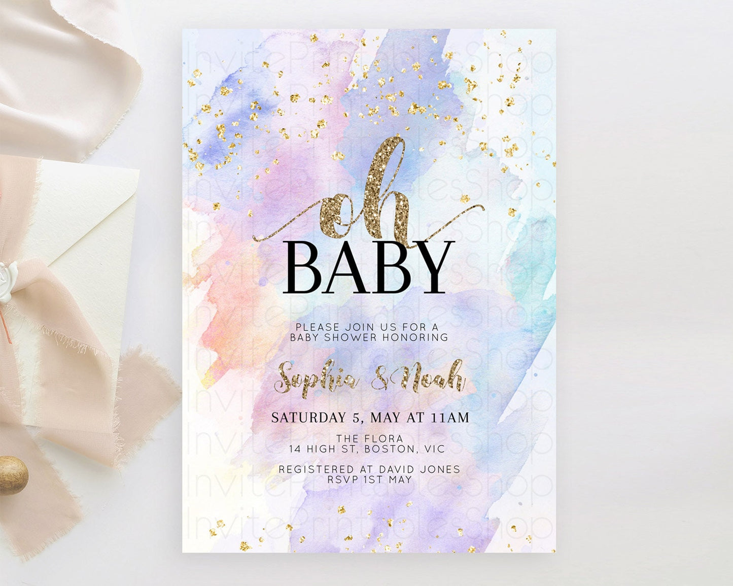 Pastel Baby Shower Invitation Rainbow Baby Shower Invitation Colorful Pastel Watercolor Invitation Gold Glitter Sprinkles Ombre D10583