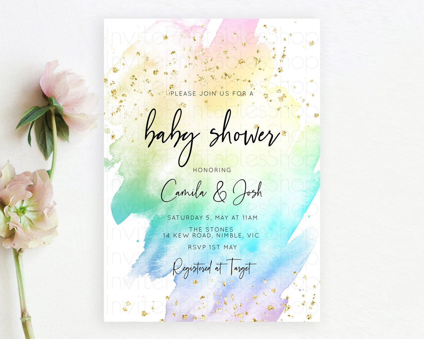 Pastel Rainbow Baby Shower Invitation, Colorful Watercolor with Gold Glitter Sprinkles Ombre Effect Pink, Yellow, Blue, Green, Purple D10256