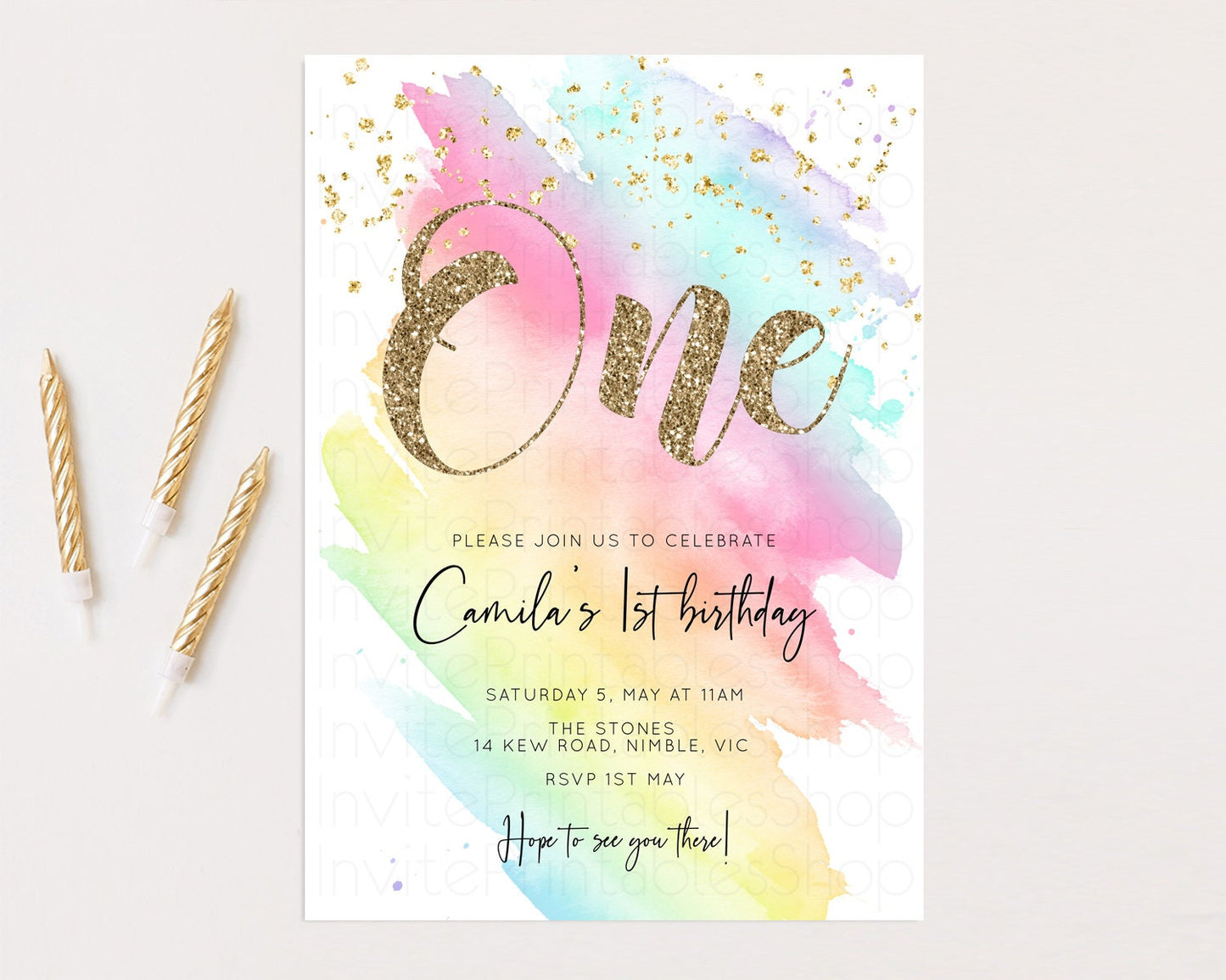 Rainbow Birthday Invitation Pastel Rainbow Birthday Invitation Ombre Watercolor Invite Colorful Splash Glitter Sprinkles 1st 2nd 3rd T518