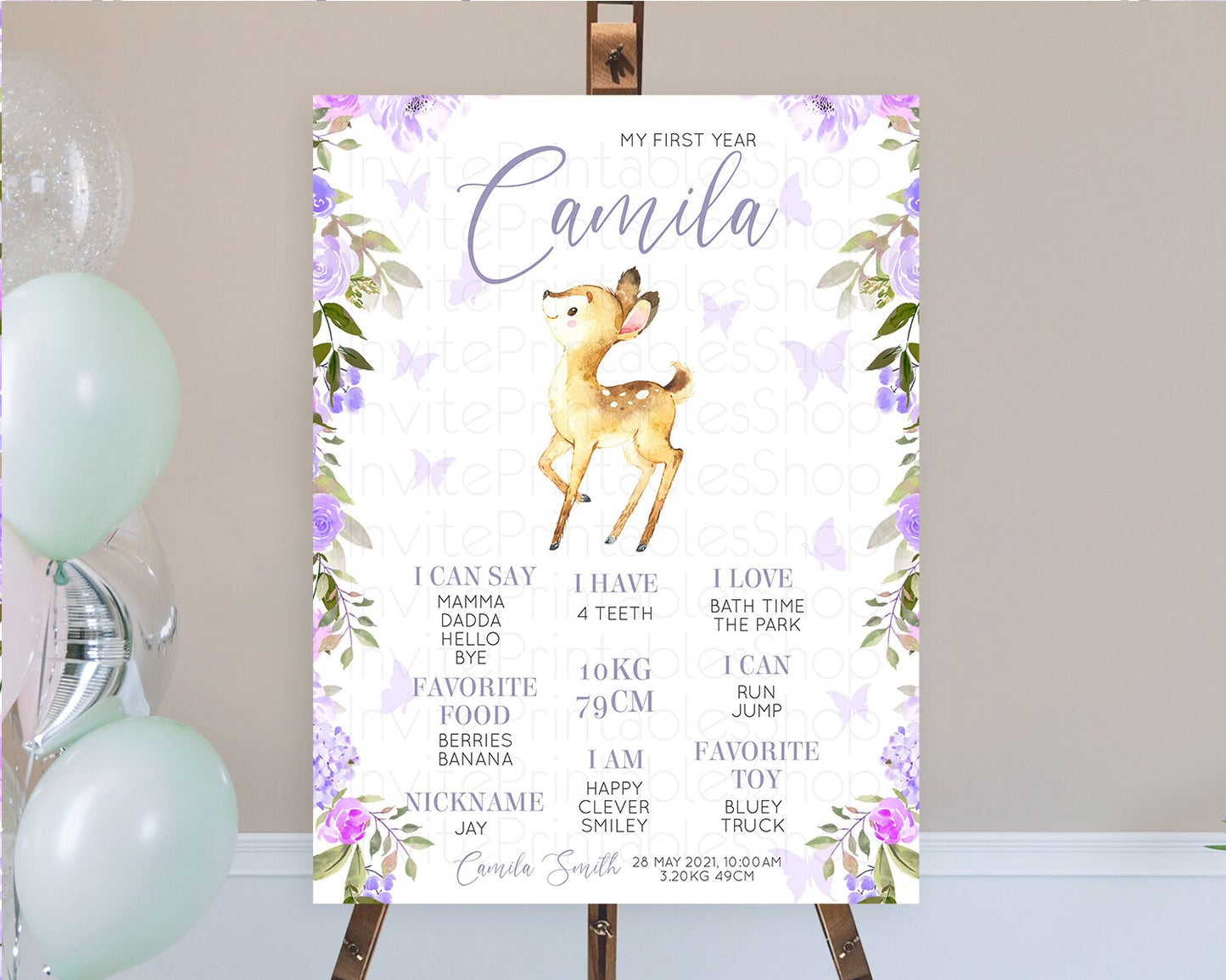 Fawn First Birthday Milestone Board Deer First Birthday Milestone Poster Enchanted Forest Butterfly Pastel Flowers 1st Birthday Sign D10916