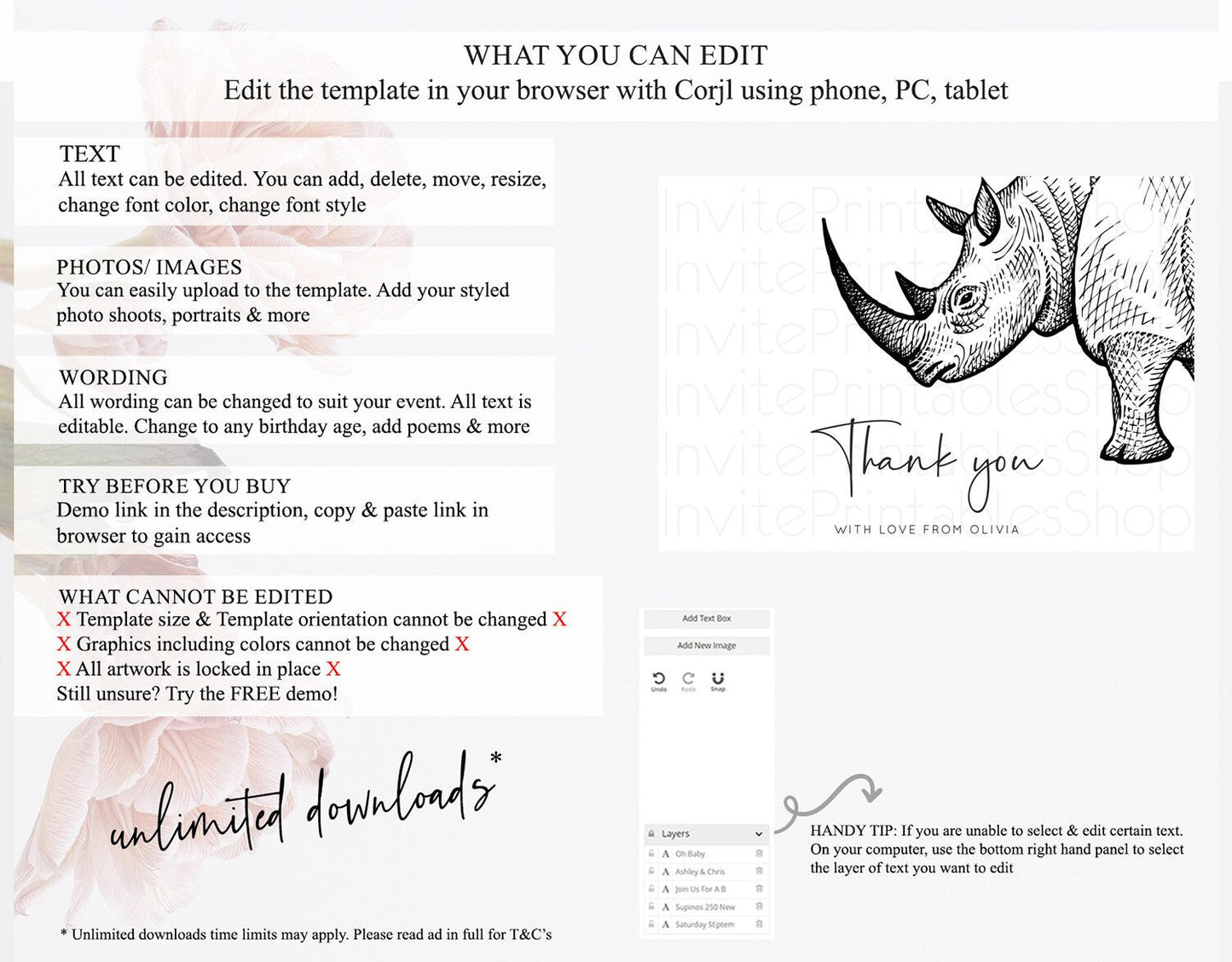 Rhino Thank You Rhino Thank You Card Rhino Birthday Thank You Card Rhino Card Template First Birthday Rhino Teacher Thank You Cards D10253