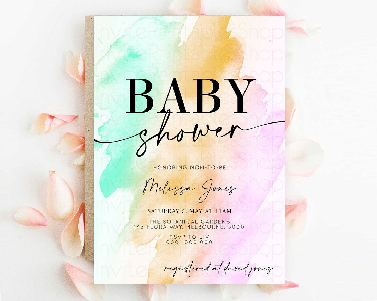 Pastel Baby Shower Invitation Rainbow Baby Shower Invitation Colorful Pastel Watercolor Invitation Gold Glitter Sprinkles Ombre D10962