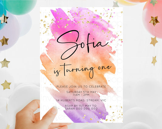 Editable Rainbow Birthday Invitation Colorful Pastel Watercolor Invitation G