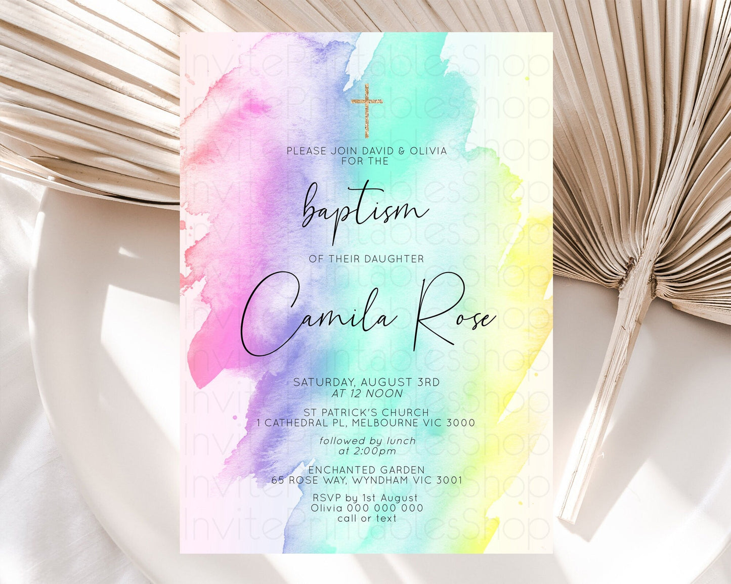 Pastel Baptism Invitation Pastel Colors Watercolor Baptism 1st Birthday Party Gold Ombre Pastel Rainbow Christening Holy Communion D10231
