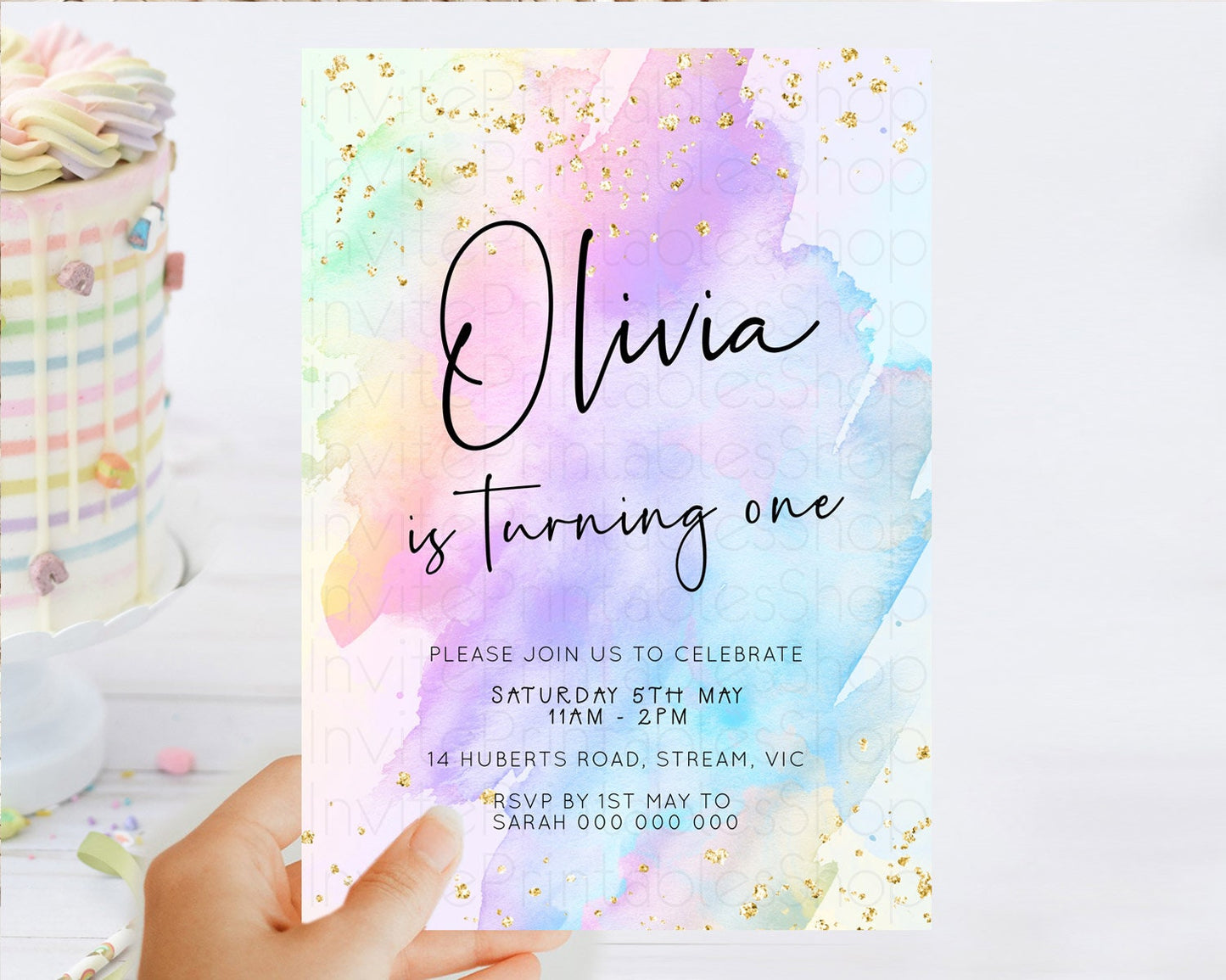 Pastel Birthday Invitation Ombre Watercolor Birthday Invitation Glitter Rainbow Color Splash 1st 2nd 3rd Birthday Invitation D23064