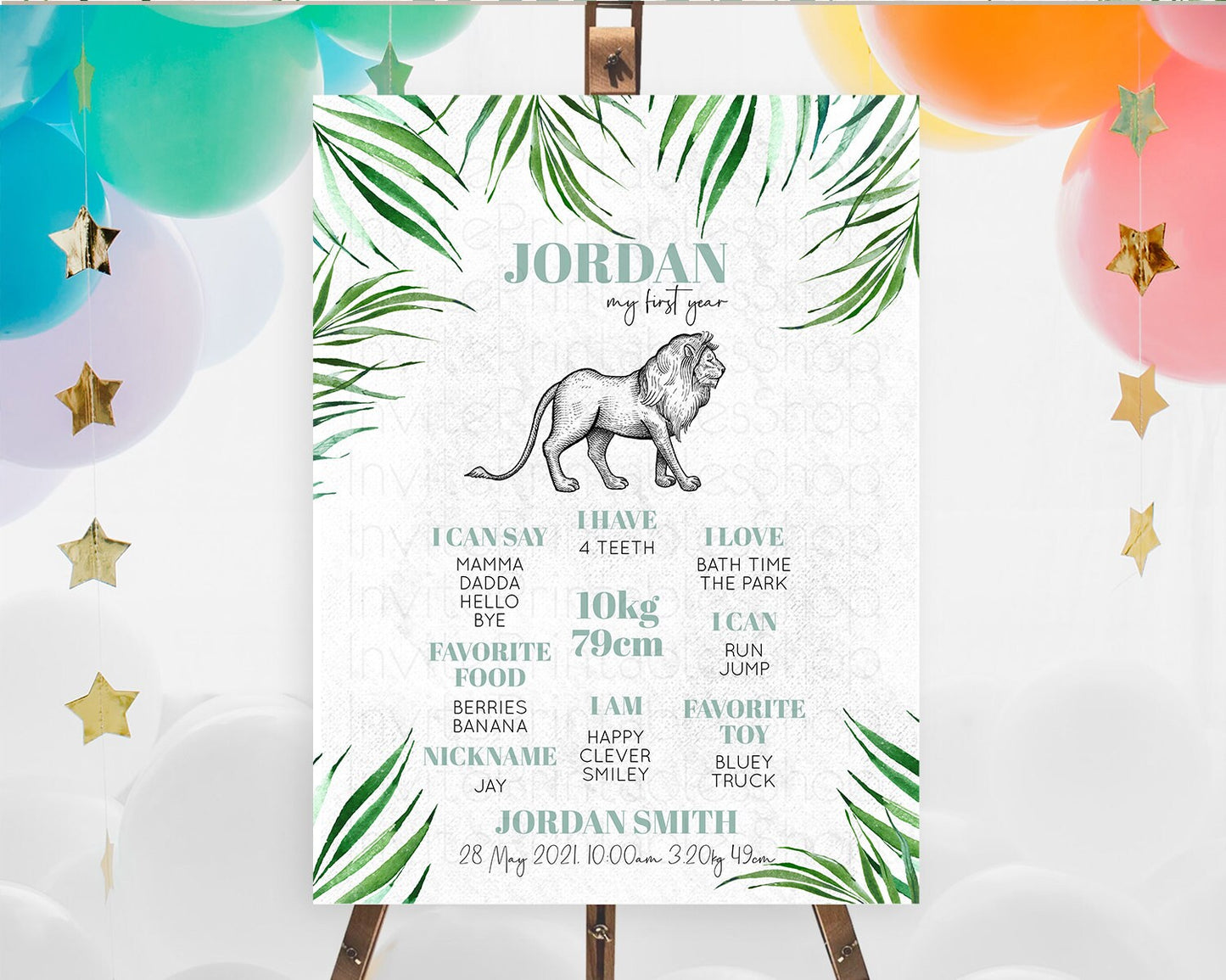 Lion First Birthday Milestone Board Lion Milestone Poster Lion Decor Safari Adventure Palm Leaf Lion First Birthday Welcome Sign D10845