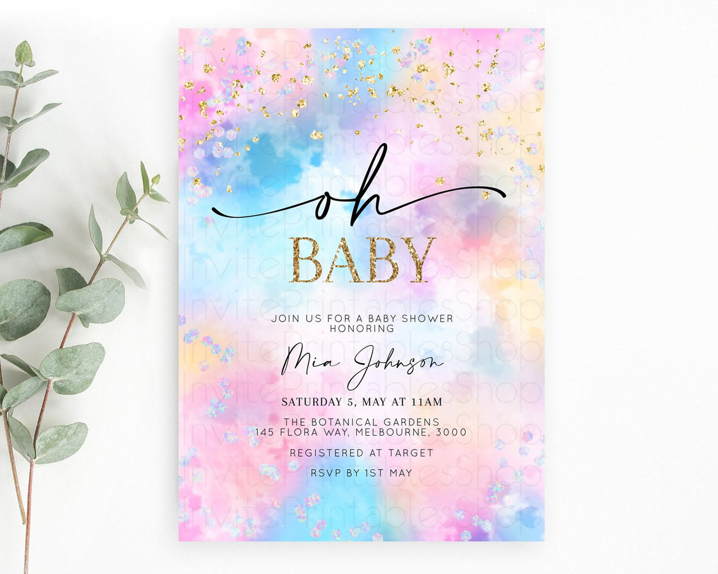 Pastel Baby Shower Invitation Rainbow Baby Shower Invitation Colorful Pastel Watercolor Invitation Gold Glitter Sprinkles Ombre D10607