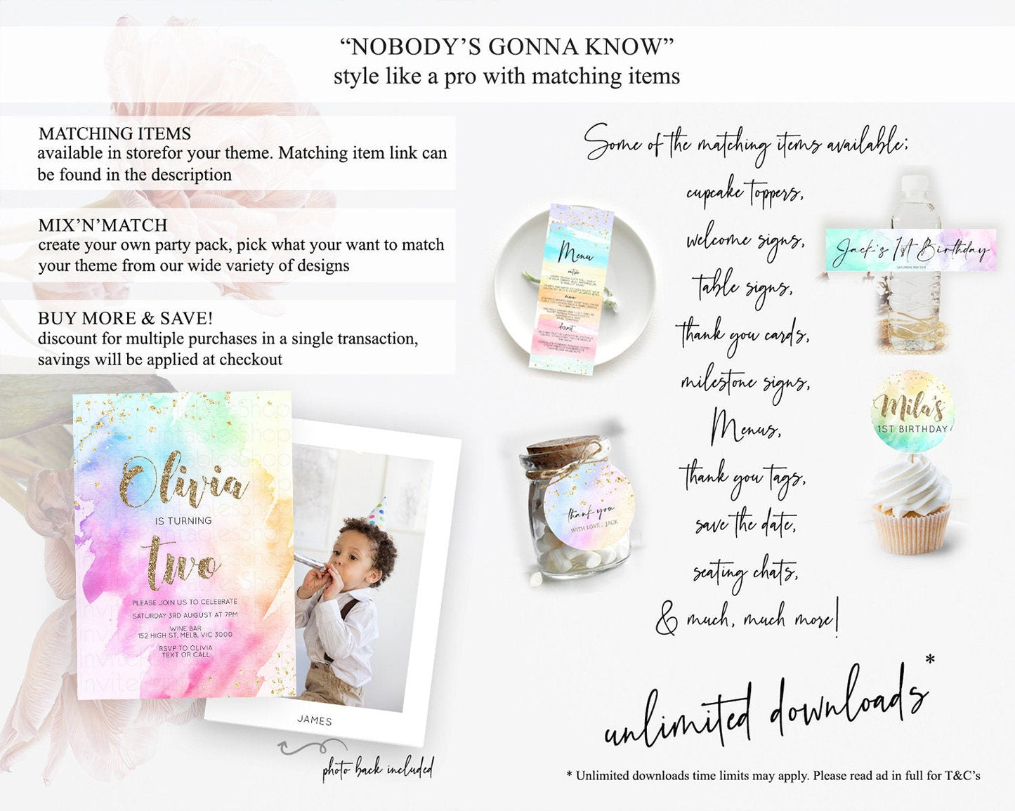 Rainbow Birthday Invitation Colorful Pastel Watercolor Invitation Gold Glitter Sprinkles Ombre Pastel 1st 2nd 3rd Birthday D10450