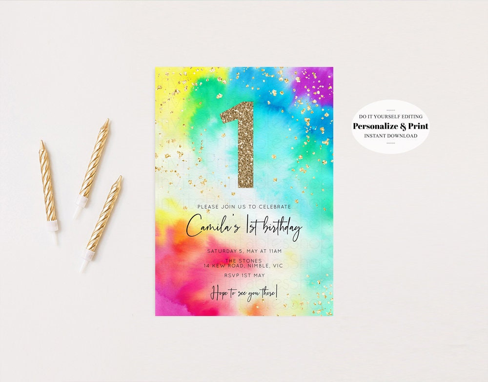 Tie Dye Rainbow Birthday Invitation Colorful Pastel Invitation Ombre Watercolor Invite Splash Gold Glitter Sprinkles Invite