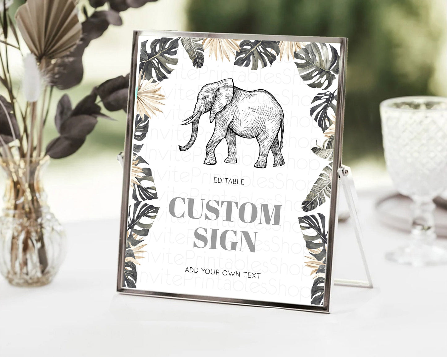 Elephant Sign Elephant Safari Adventure Party Table Sign Decor Dried Palm Fern Zoo 1st Birthday Baptism Baby Shower Bridal Shower D10806