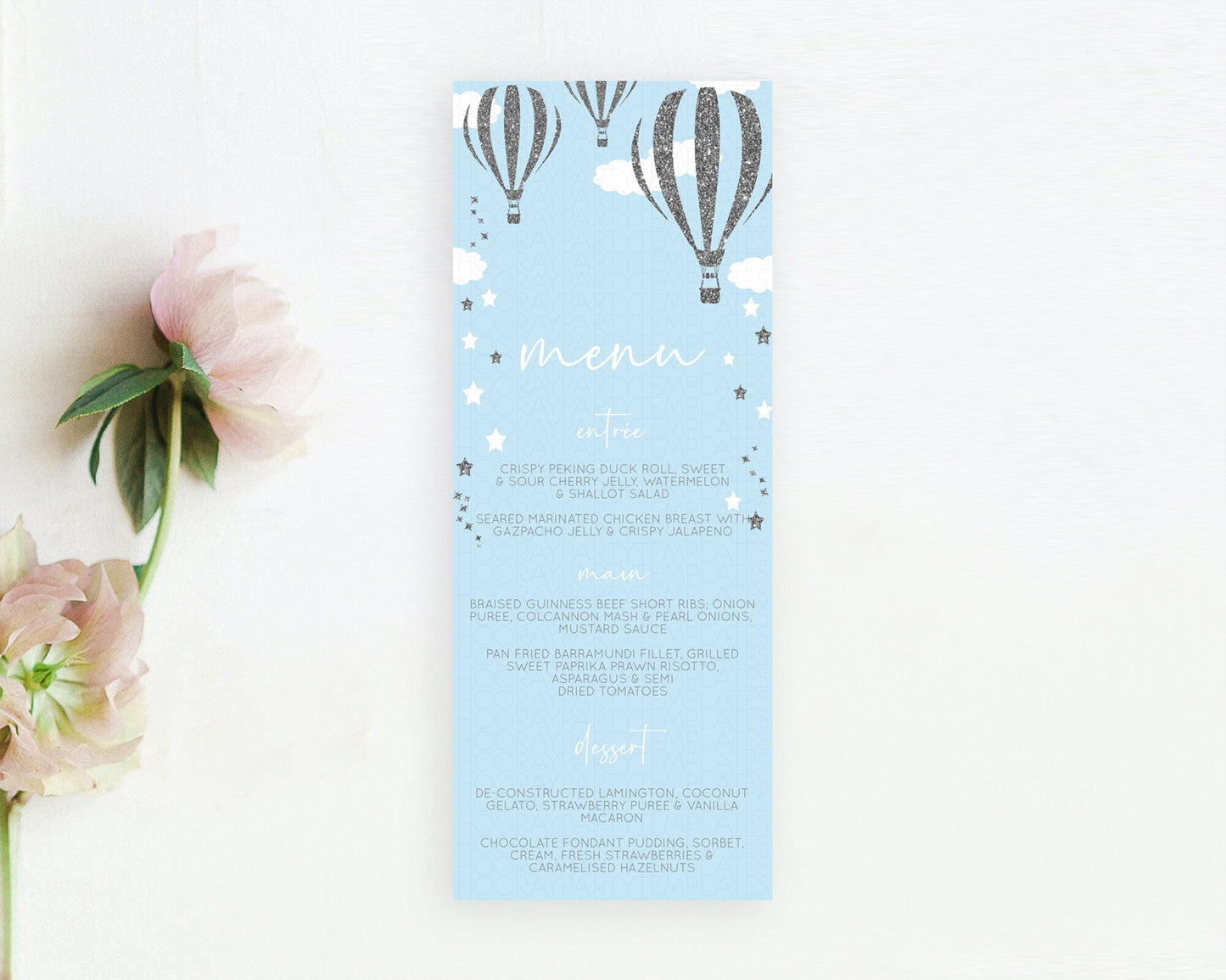 Hot Air Balloon Menu Hot Air Balloon Menu Template Hot Air Balloon Table Decor Adventure Awaits Dinner Dessert Party Food Menu D10335