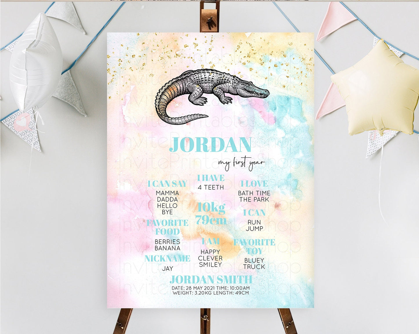 Pastel Crocodile First Birthday Milestone Board Pastel Watercolor Alligator Milestone Poster Colorful Rainbow Birthday Welcome Sign D10285