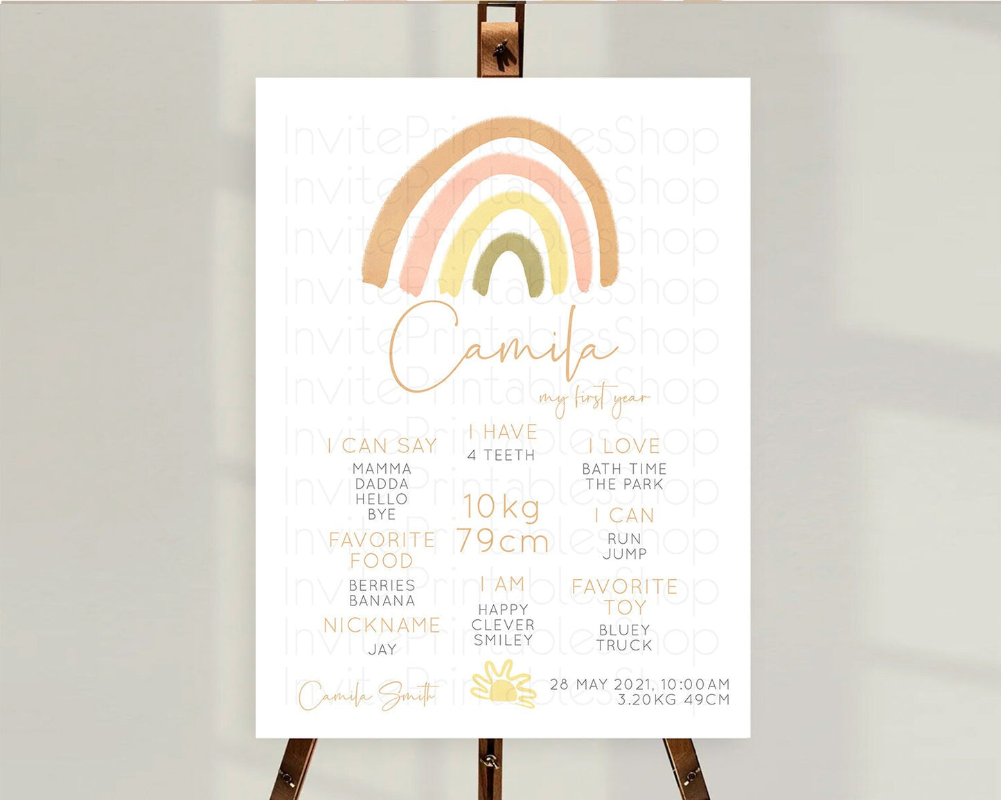 Editable Pastel Rainbow First Birthday Milestone Poster Boho Rainbow Milesto