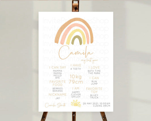 Editable Pastel Rainbow First Birthday Milestone Poster Boho Rainbow Milesto