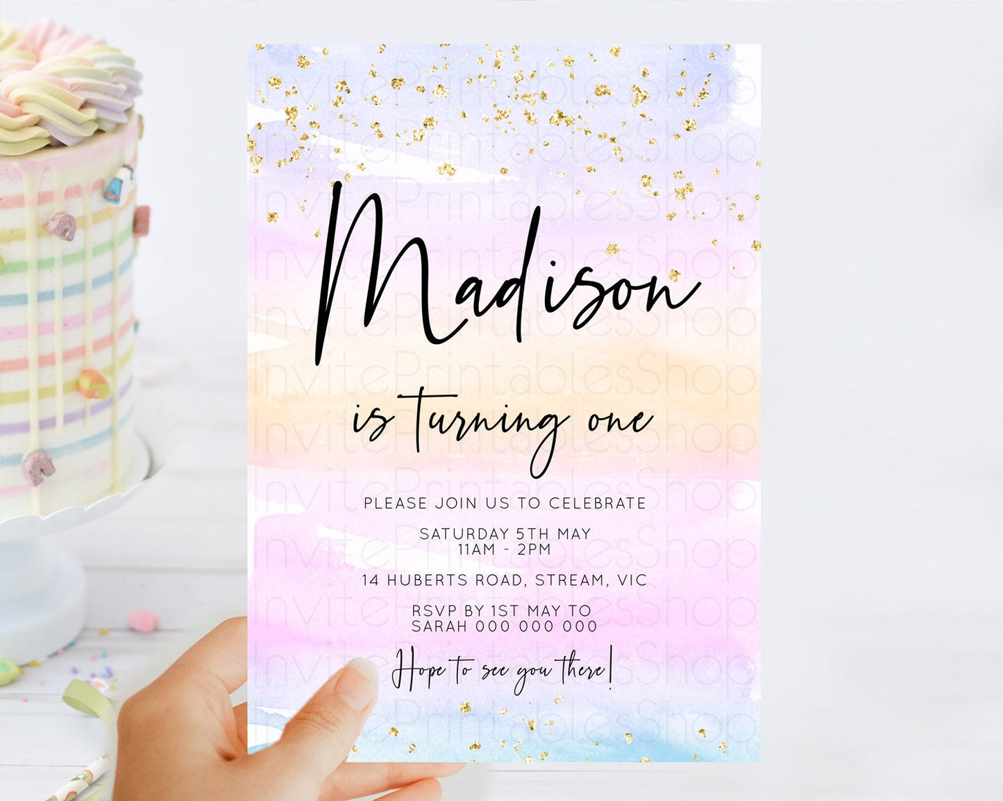 Rainbow Birthday Invitation Colorful Pastel Watercolor Invitation Gold Glitter Sprinkles Ombre Pastel 1st 2nd 3rd Birthday D10594