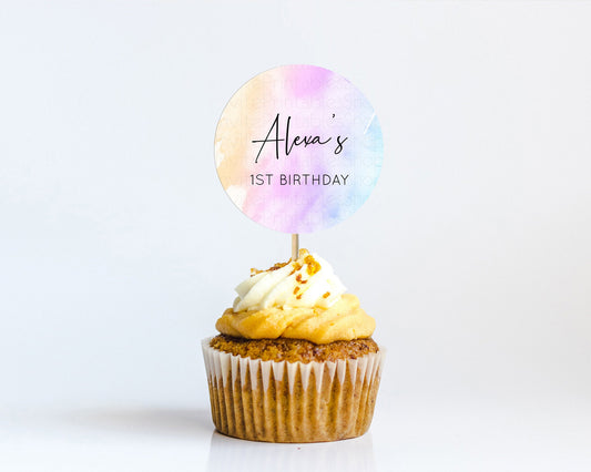 Editable Rainbow Cupcake Toppers Pastel Cupcake Toppers Colorful Pastel Wate