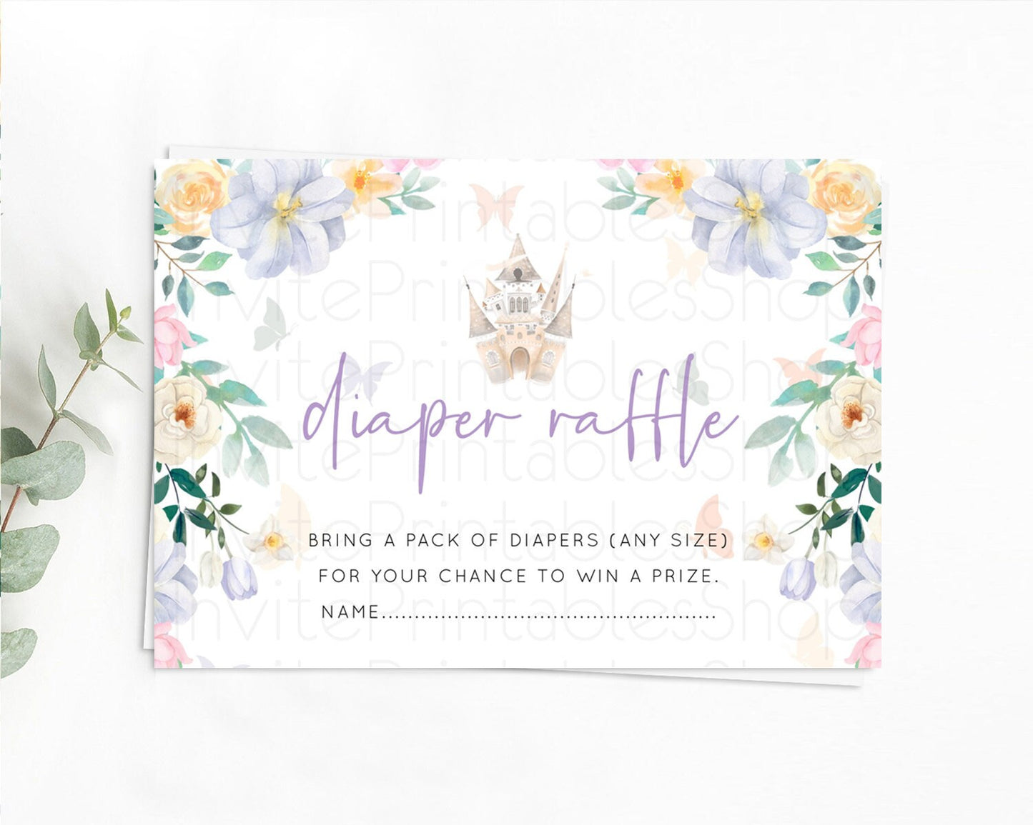 Princess Diaper Raffle Card Castle Diaper Ticket Insert Secret Garden Enchanted Castle Pastel Floral Garden Baby Shower Poem Request D10473