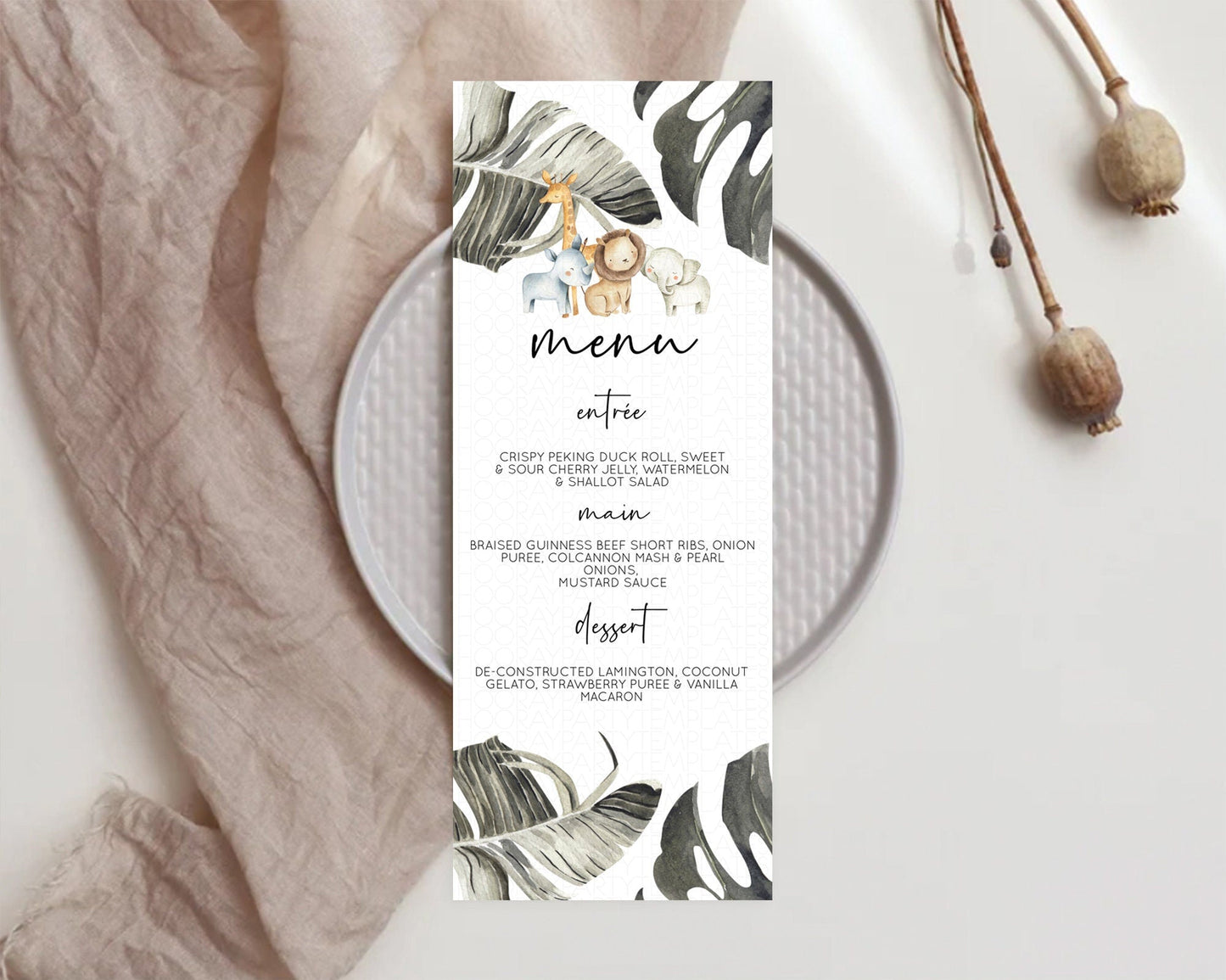 Safari Menu Safari Menu Template Lion Gorilla Elephant Rhino Tropical Palm Zoo Table Decor Safari Dinner Dessert Menu Food Menu D10599