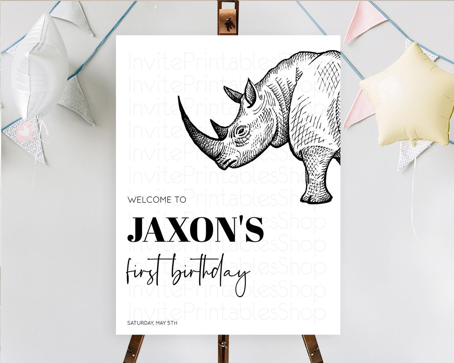 Rhino Welcome Sign Rhino Welcome Board Rhino Welcome Poster Dried Palm Fern Safari Party Decor Rhino First Birthday Welcome Sign D10253