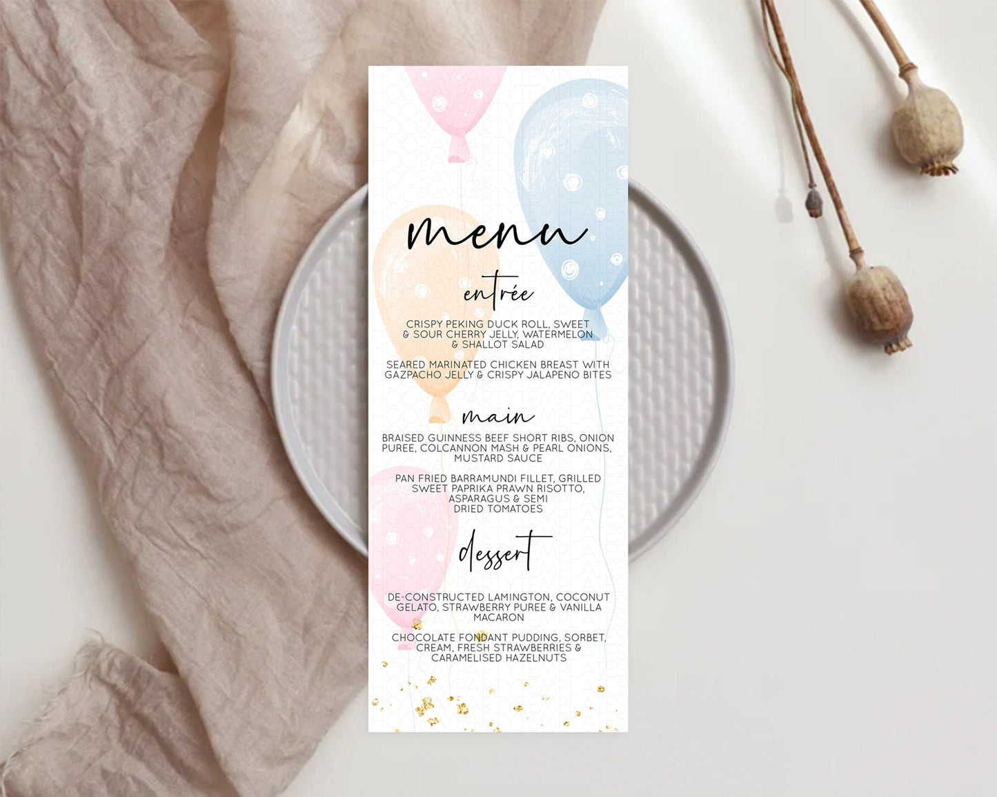 Pastel Balloons Menu Colorful Balloon Menu Template Rainbow Balloon Menu Balloon Table Decor Confetti Balloon Party Food Menu D10776