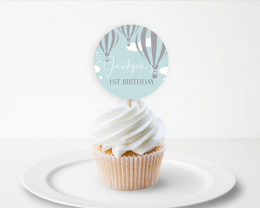 Editable Hot Air Balloon Cupcake Toppers Adventure Awaits Up & Away Glitter