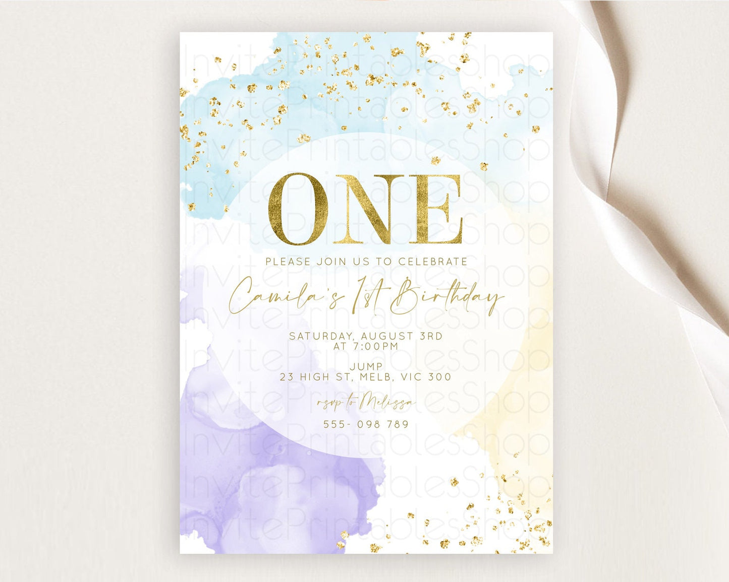 Rainbow Birthday Invitation Colorful Pastel Watercolor Invitation Gold Glitter Sprinkles Ombre Pastel 1st 2nd 3rd Birthday D10206