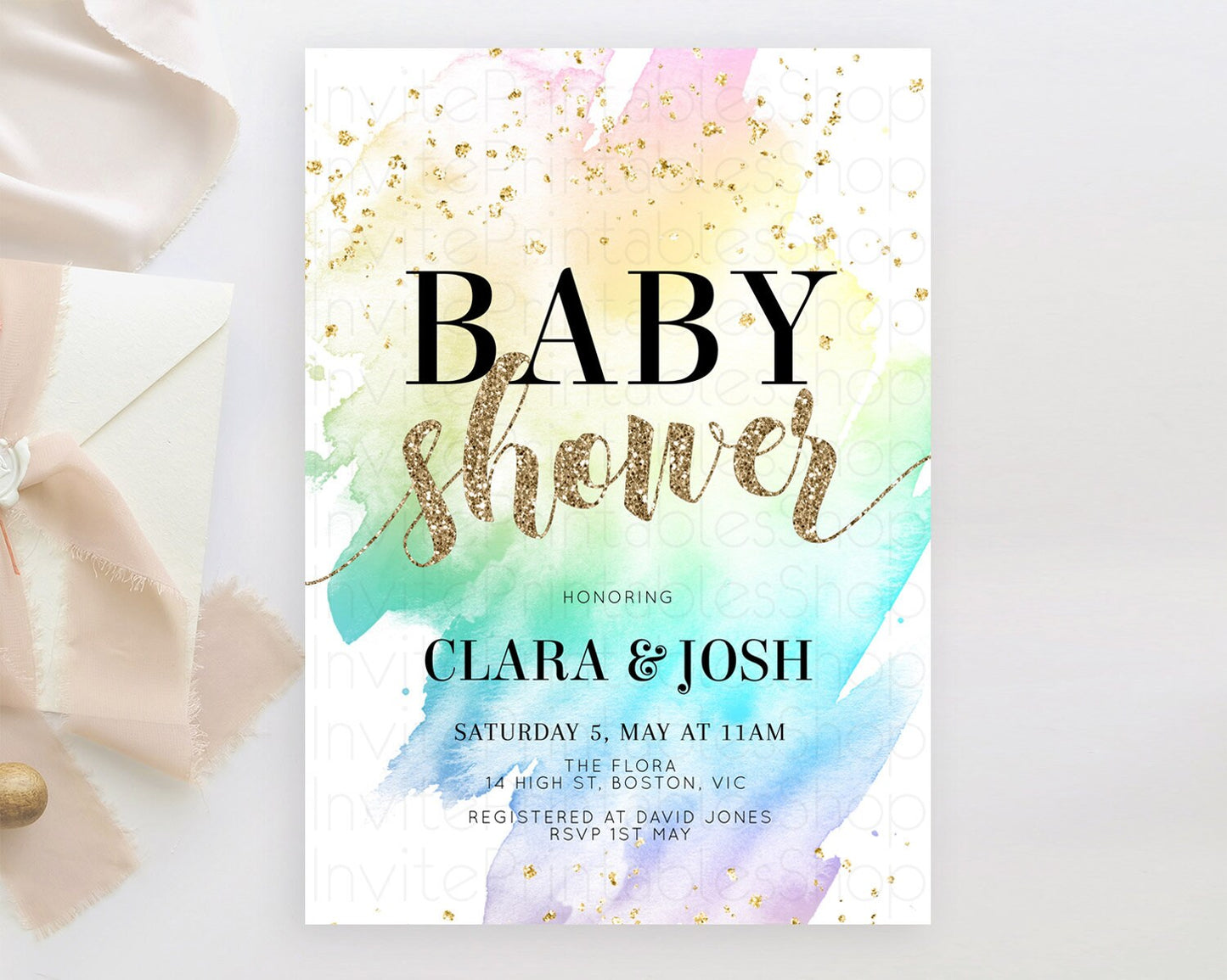 Pastel Baby Shower Invitation Rainbow Baby Shower Invitation Colorful Pastel Watercolor Invitation Gold Glitter Sprinkles Ombre D10259