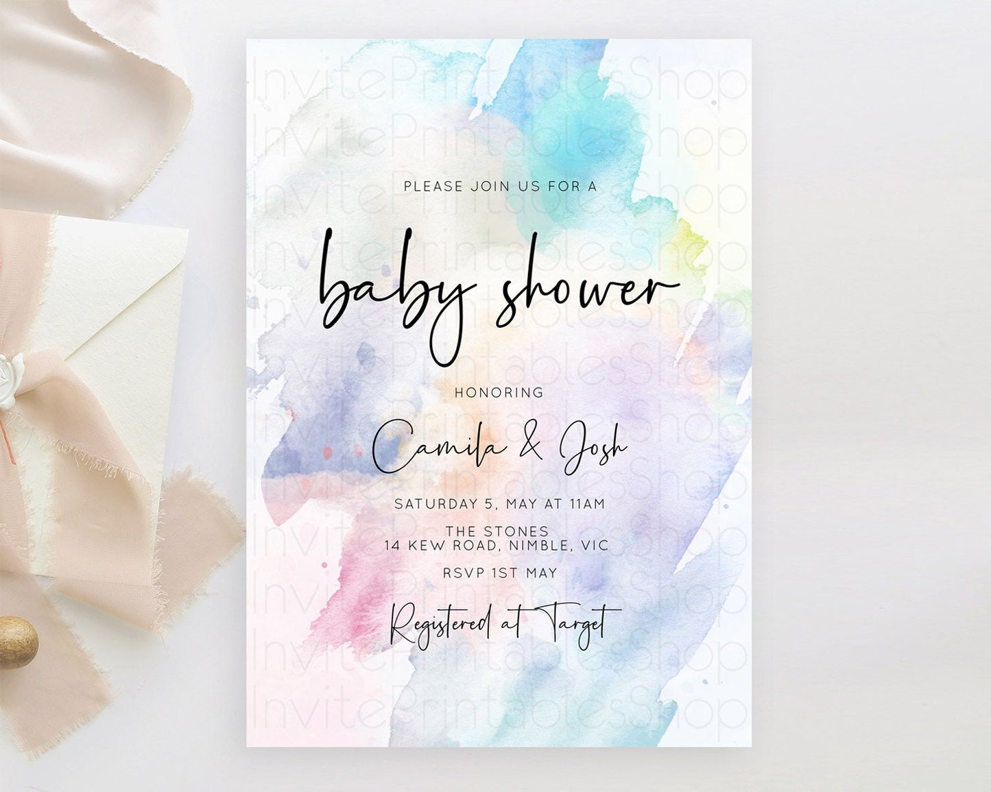 Pastel Baby Shower Invitation Rainbow Baby Shower Invitation Colorful Pastel Watercolor Invitation Gold Glitter Sprinkles Ombre D10585