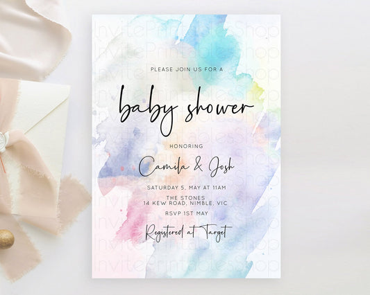 Pastel Baby Shower Invitation Rainbow Baby Shower Invitation Colorful Pastel Watercolor Invitation Gold Glitter Sprinkles Ombre D10585